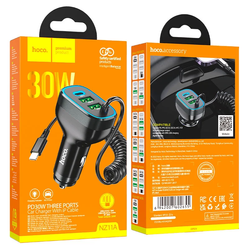 Fast Car Charger PD30W With Built-in iPhone Cable HOCO NZ11A 